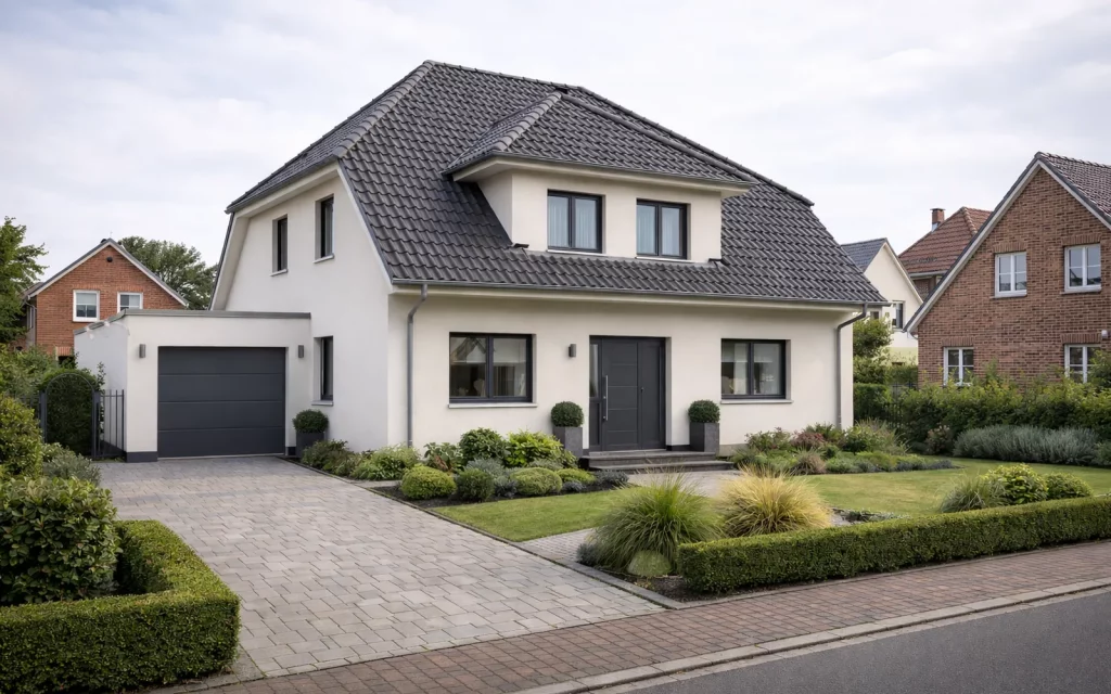 Modernes Einfamilienhaus mit weißer Putzfassade, anthrazitfarbenem Satteldach, Garage und gepflegtem Vorgarten mit Pflastereinfahrt